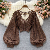 Lizakosht Autumn Black/White/Brown Sexy Lace Blouse Women Elegant V-Neck Puff Long Sleeve Open Back Short Tops Female Party Blusas
